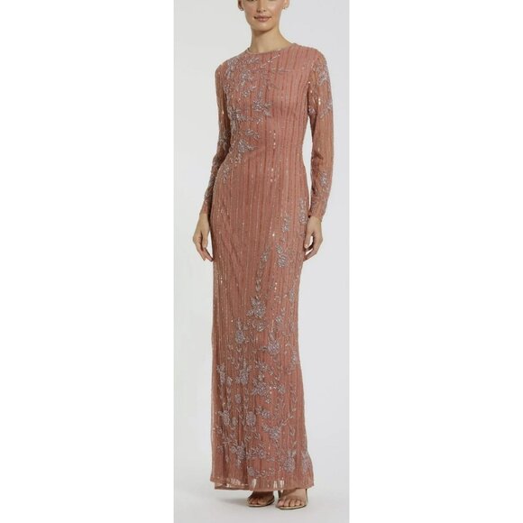 Mac Duggal $598 Embellished Shift Maxi Dress High Neck Illusion Formal Gown 16 N - Picture 1 of 11